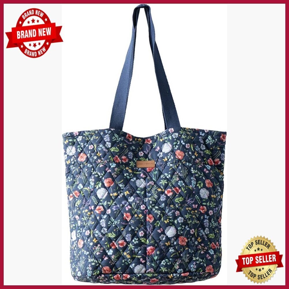 Cotton Quilted Tote Bag with Zipper Pockets and Matching Pouch